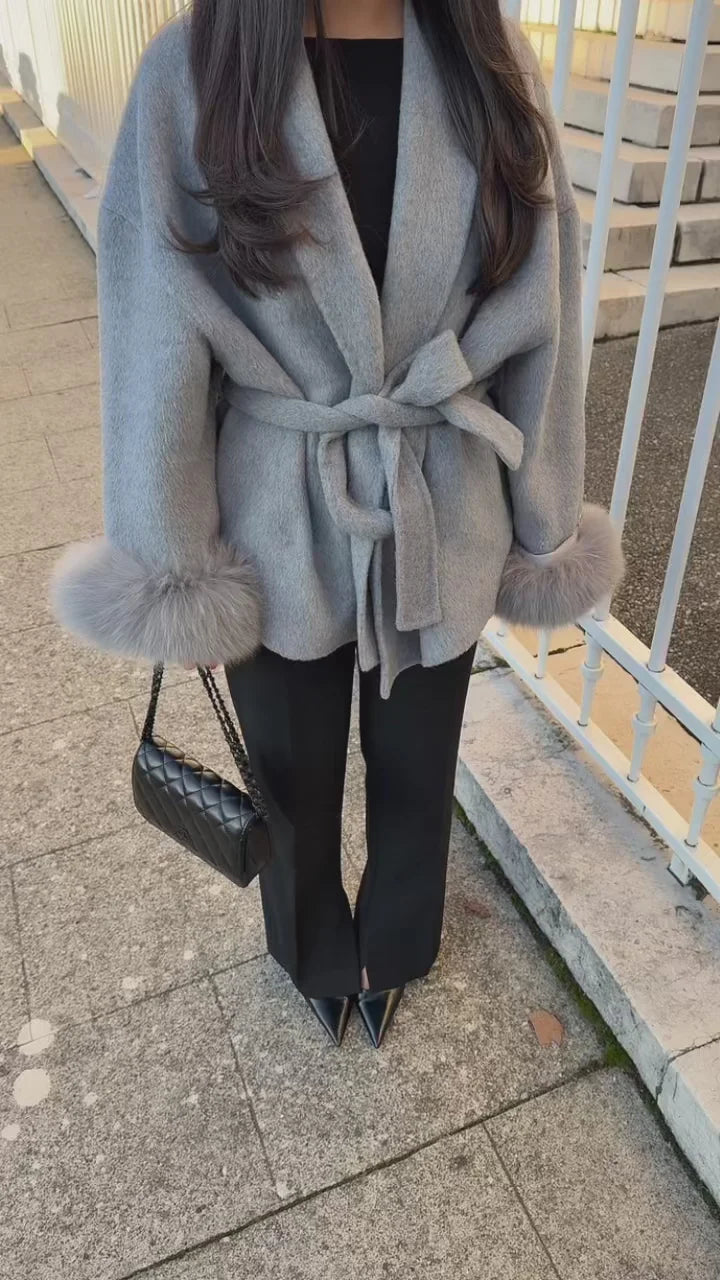 Manteau en laine avec fourrure - Gris