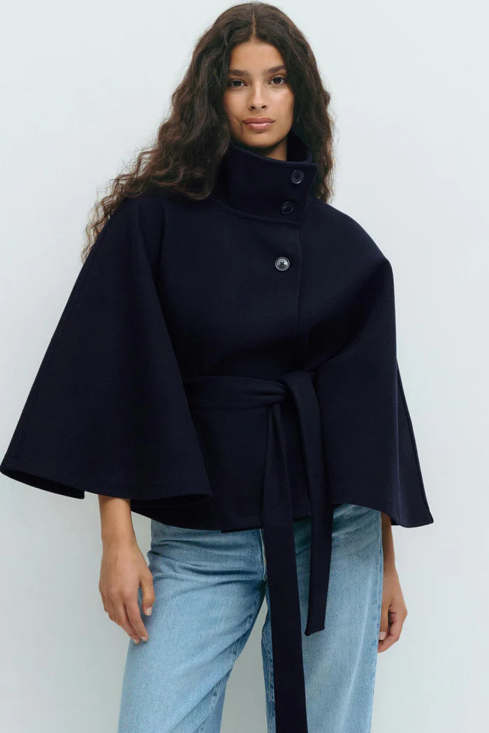 Veste cape à ceinture - Bleu marin