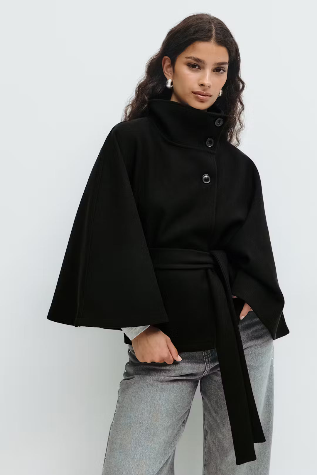 Veste cape à ceinture - Noir