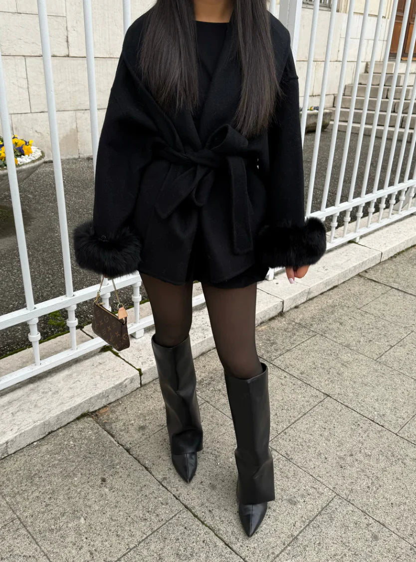 Manteau en laine avec fourrure - Noir