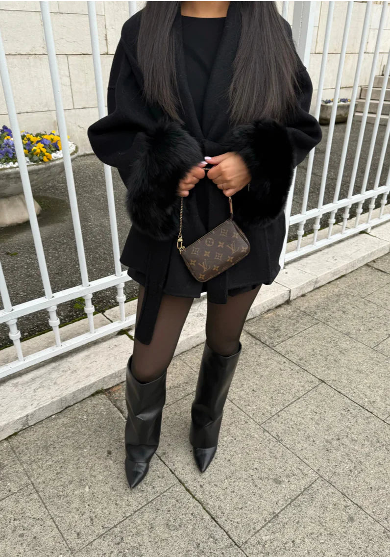 Manteau en laine avec fourrure - Noir