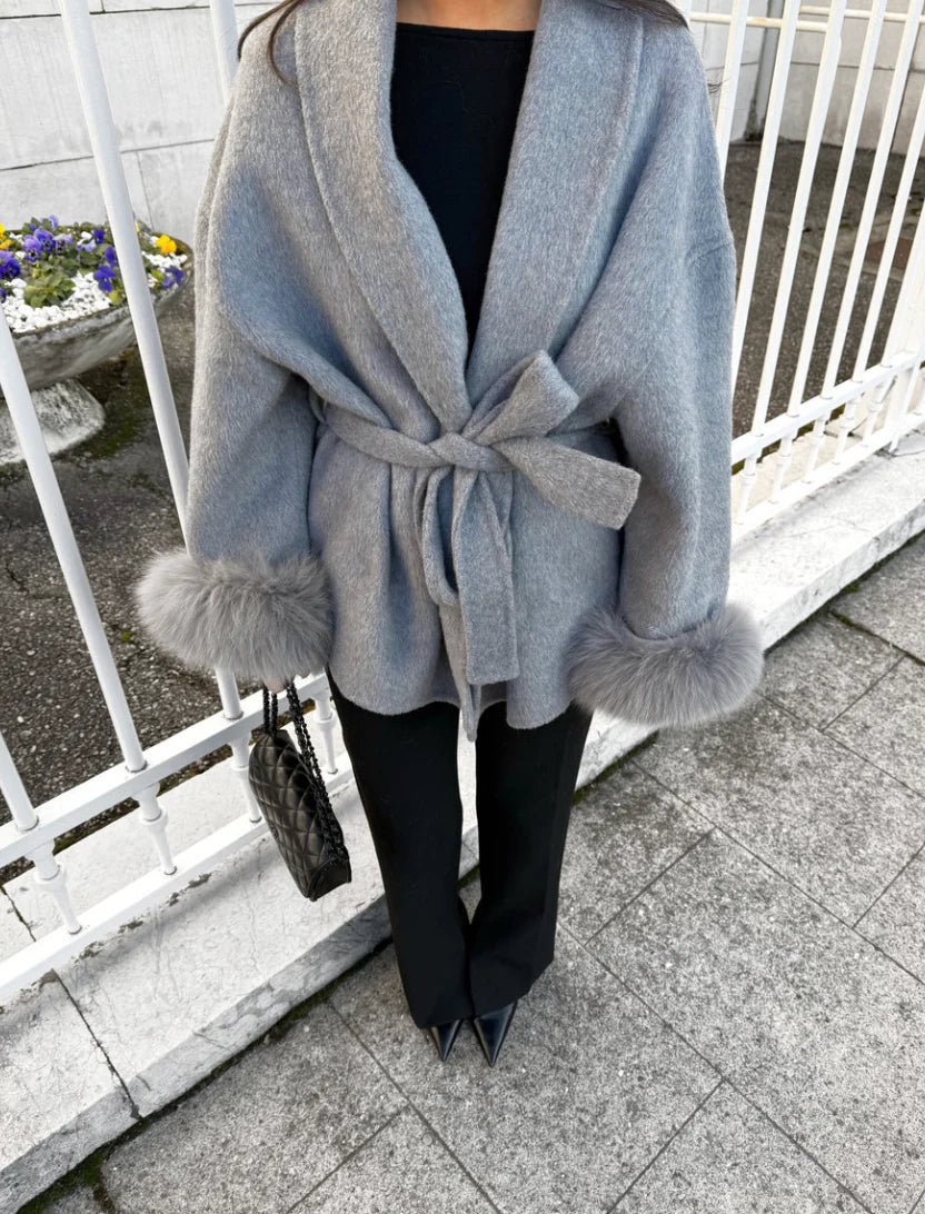 Manteau en laine avec fourrure - Gris