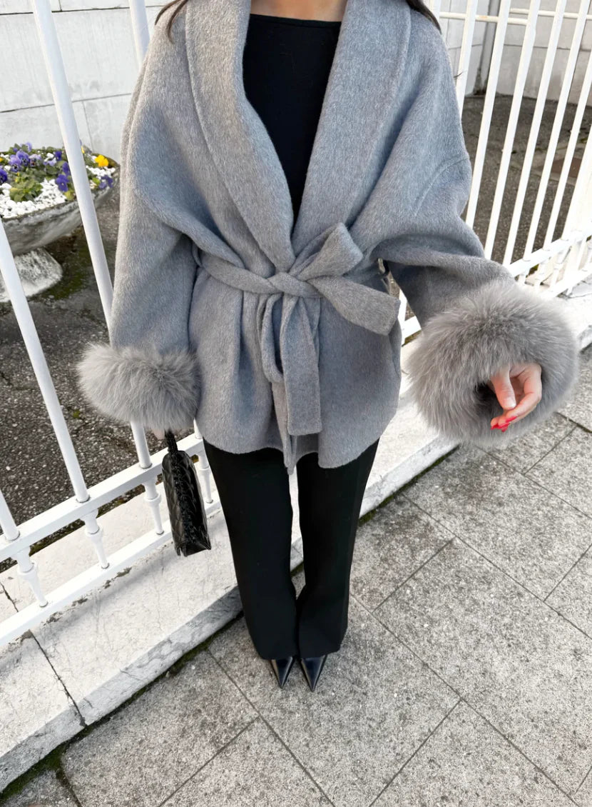 Manteau en laine avec fourrure - Gris