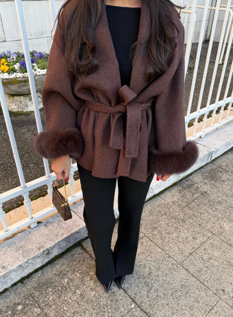 Manteau en laine avec fourrure - Mocca