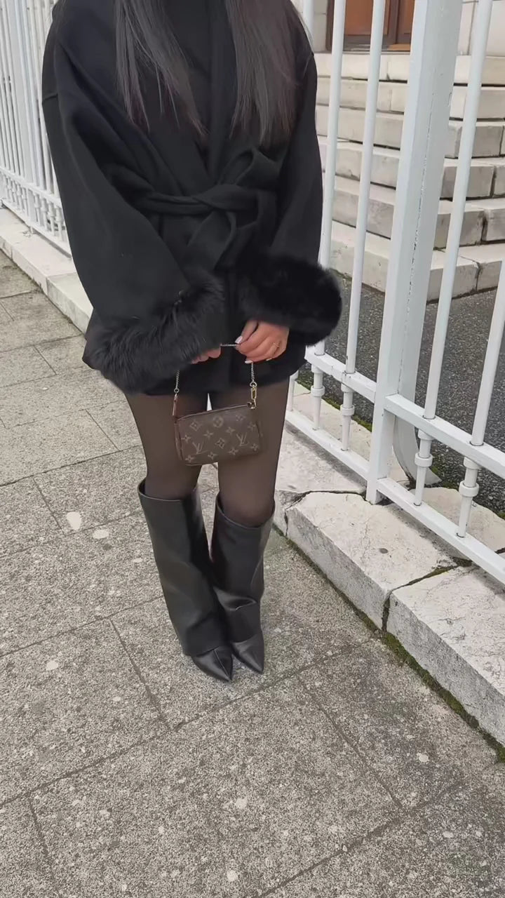Manteau en laine avec fourrure - Noir