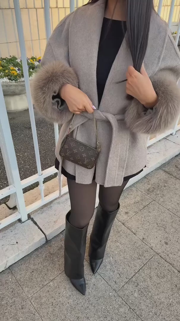Manteau en laine avec fourrure - Taupe